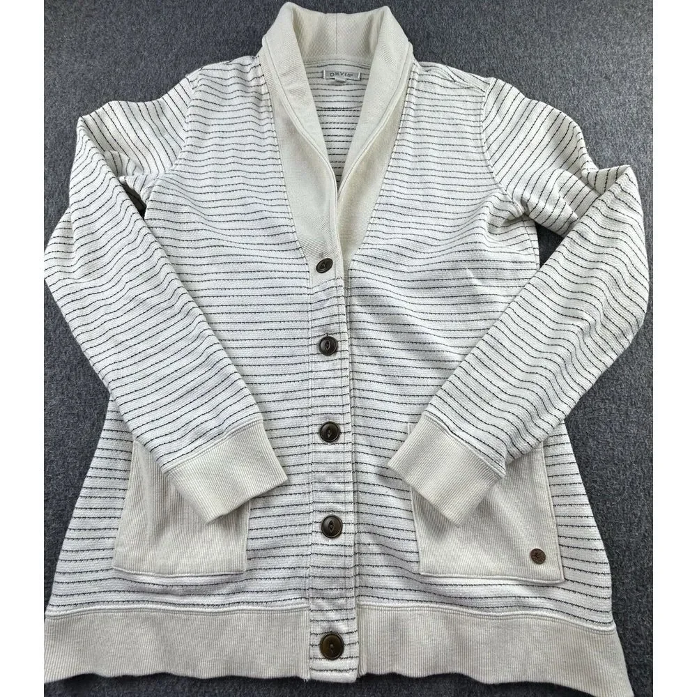 Orvis Sweater Womens Small Ivory Black Striped Cardigan Shawl Collar Button Up